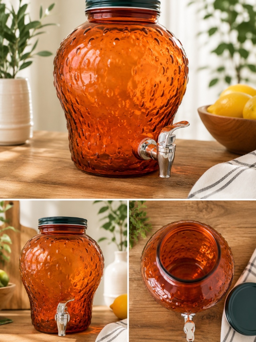 Amber Glass Beverage Dispenser with Spigot Strawberry Embossed Drink Jar